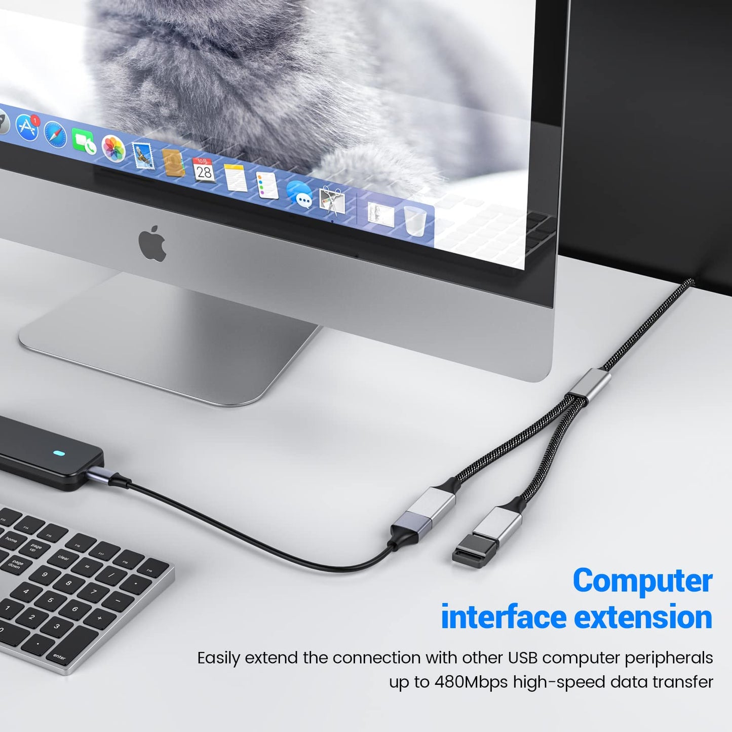 MOGOOD Dual USB 2.0 Power Cord Extension - USB A Splitter for Laptop/Mac/Car