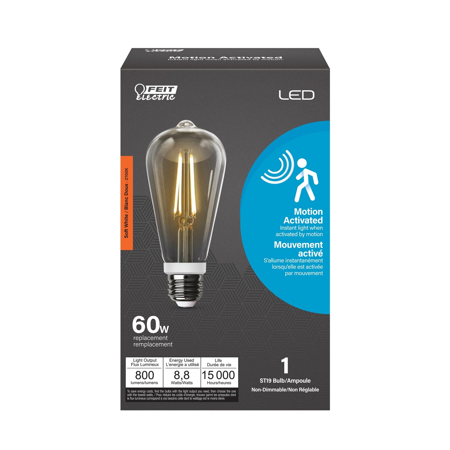 Feit Electric ST19 Motion Sensor LED Bulb, 60W Eq, Soft White, E26 Base