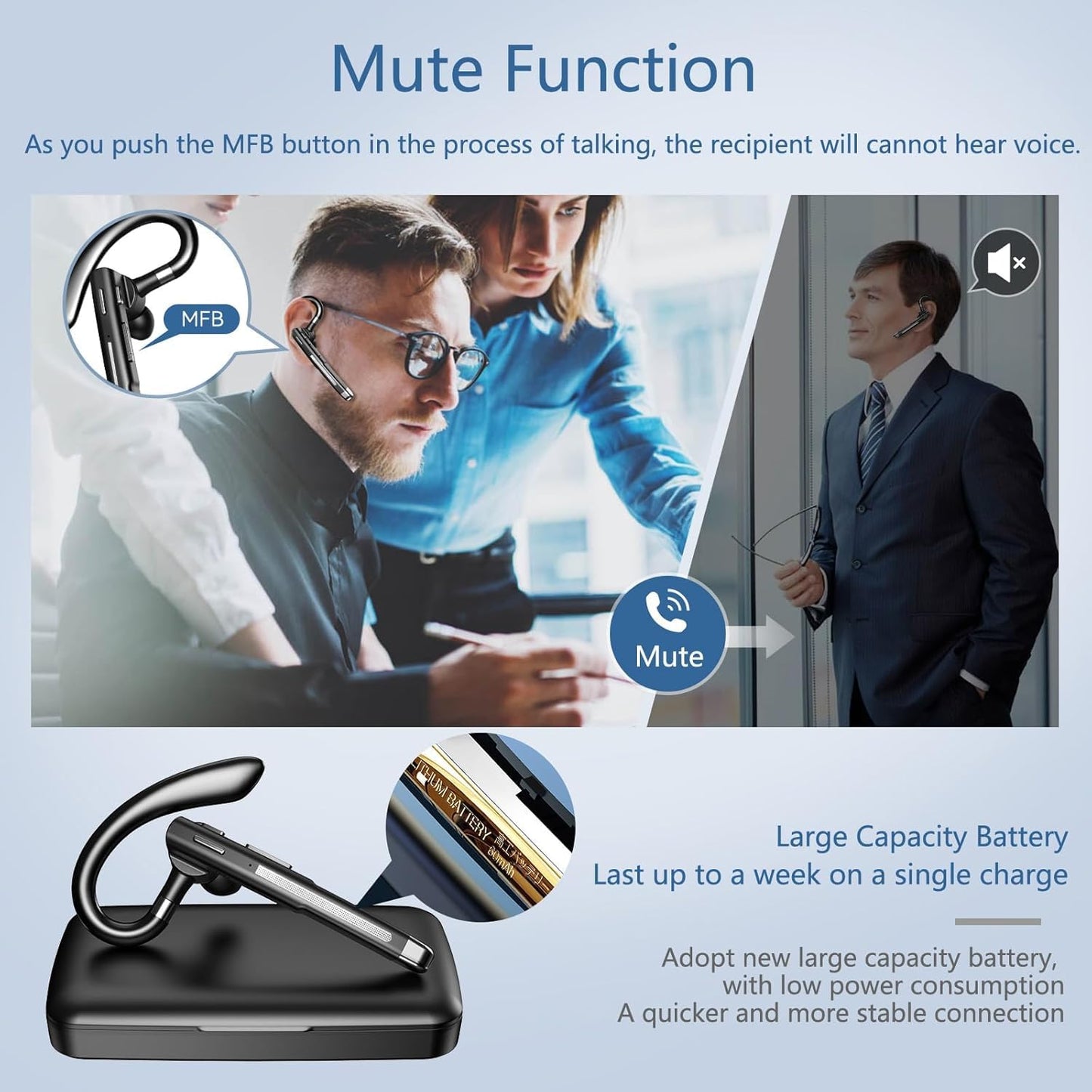 Champonic Bluetooth Headset, Wireless Bluetooth Earpiece with mic Trucker Headset for Phone Case Office Phones Built-in Microphone Headphones Manos