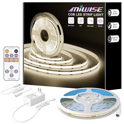 MIWISE COB LED Strip,4000K Natural White 20ft/6.1m,Dimmable Super Bright 24V LED Strip Light,CRI 90+ Flexible Tape Light with RF Remote Timer