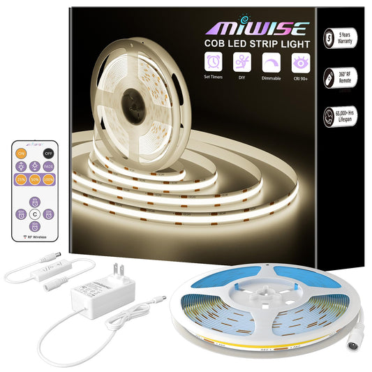 MIWISE COB LED Strip,4000K Natural White 20ft/6.1m,Dimmable Super Bright 24V LED Strip Light,CRI 90+ Flexible Tape Light with RF Remote Timer