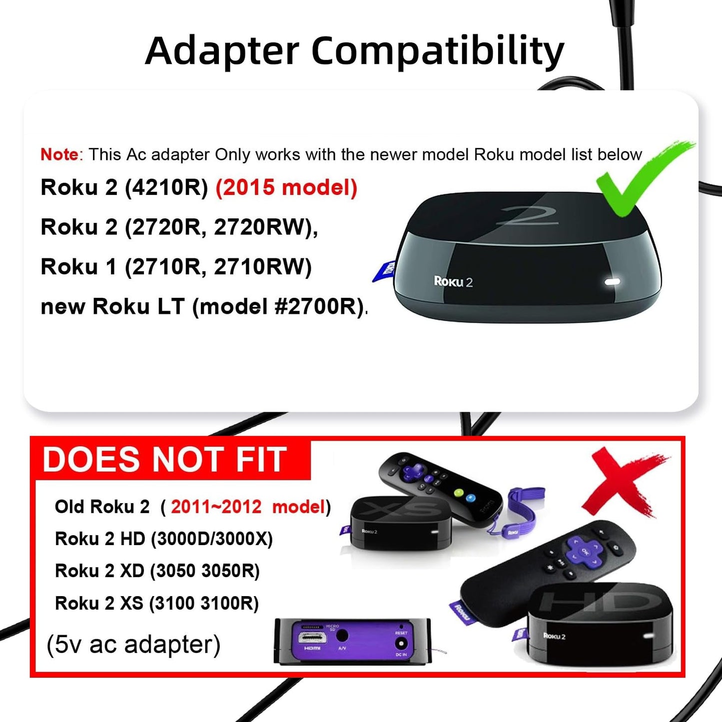 12V AC Roku Streaming Media Player Charger Adapter Compatible with Roku 3 230R 4230CA 4230RW 4200R, Roku 2 2720R 2720RW, Roku 1 2710R, 2710RW DC…