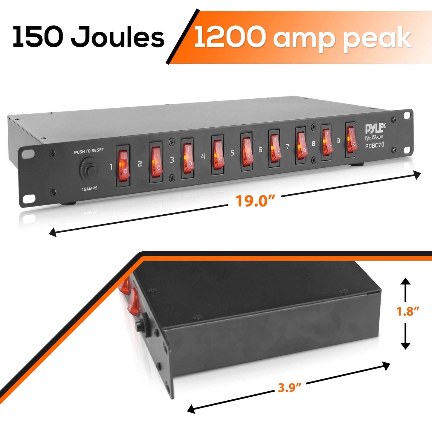 PDU Power Strip Surge Protector - 150 Joule 9 Outlet Strips Surge Protector Heavy Duty Electric Extension Cord Strip - 1U Rack Mount Protection Power