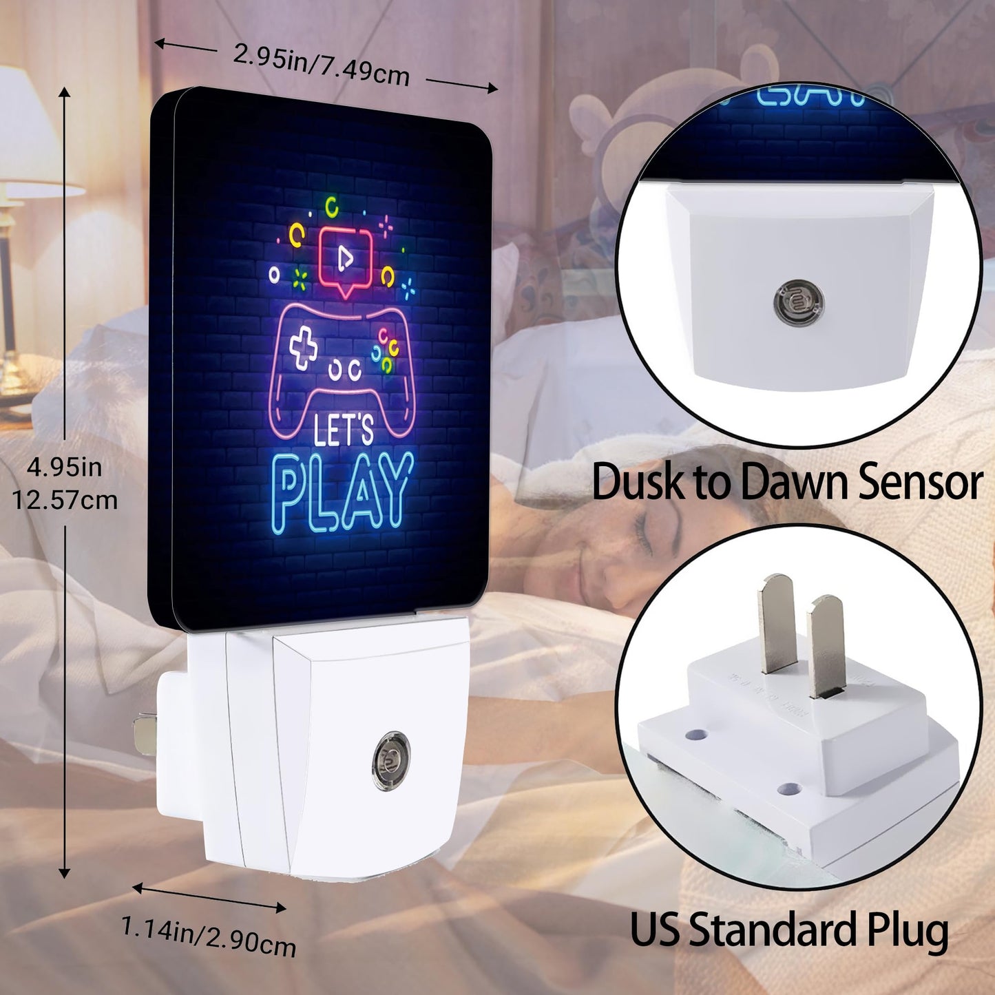 Jopowide Game Neon Night Light, Let's Play Game Night Lights Plug into Wall Decor for Bedroom, Bathroom, Hallway, Kitchen, Dusk to Dawn Sensor