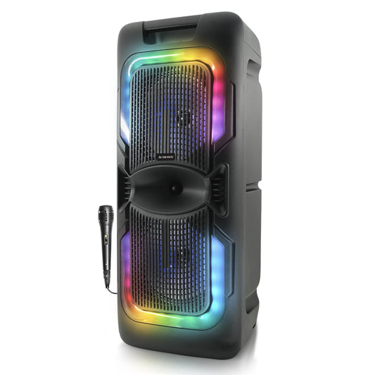 AudioBox ABX-2085R Dual 8" Portable Party Bluetooth Speaker with LED Lights, Wired Microphone, USB, AUX, TF & WaveSync Technology (TWS)