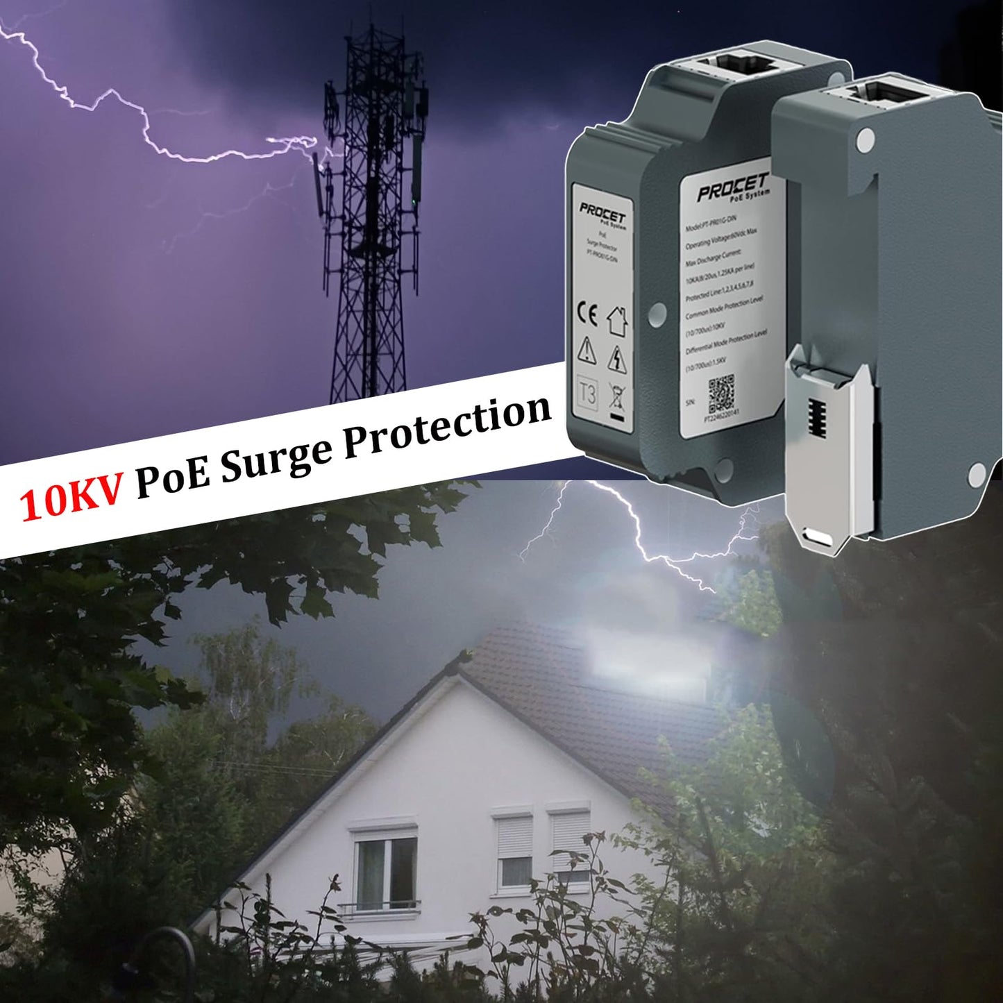 PROCET 10KV DIN Rail PoE Surge Protector IEEE802.3bt/PoE++ Up to 120W Gigabit PoE 10KV Lightning Suppressor, -40? to 185?, Industrial Zinc Alloy, Gas