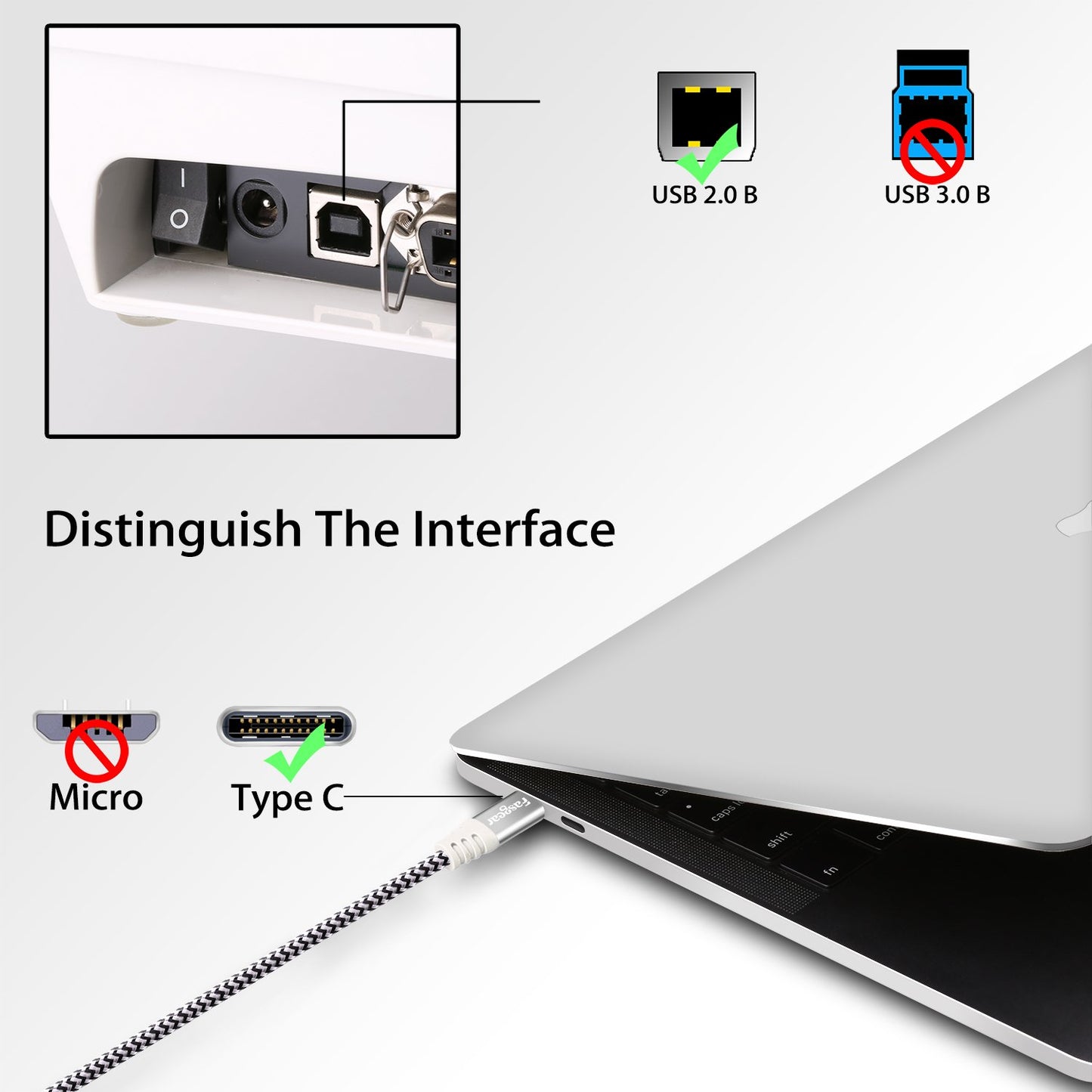Fasgear 6ft USB C to USB B Cable Nylon Braided Printer Scanner Cord with Metal Connector Compatible with MacBook Pro, AiO, Brother, HP, Canon, Samsung