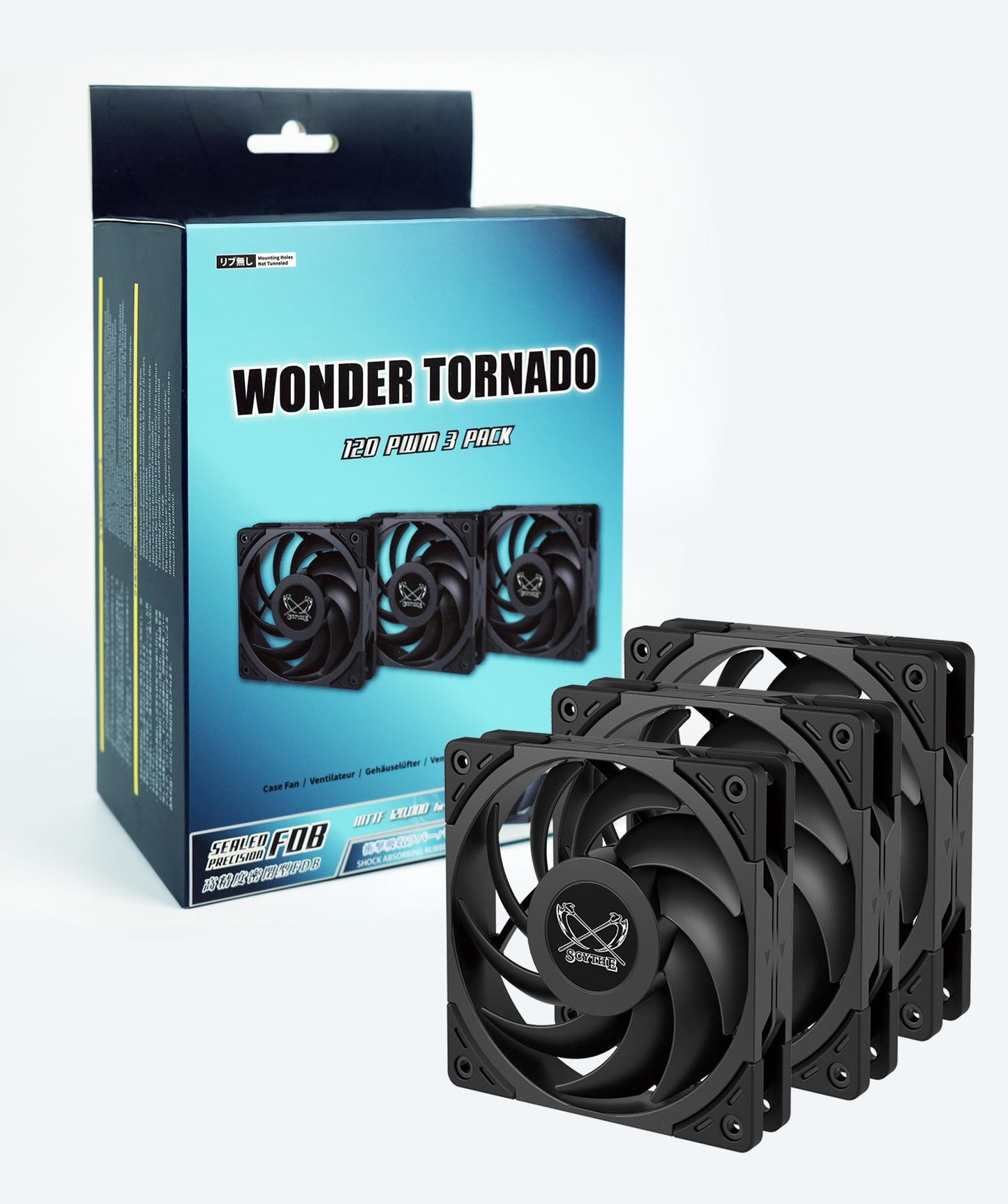 Scythe Wonder Tornado 120 PWN High-Performance Computer Case Fan,120mm x 25mm, Fluid Dynamic Bearing, 4-Pin Connector (2000RPM Black, 3)