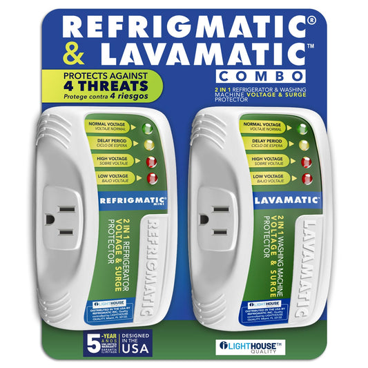 Two Electronic Voltage & Surge Protector Combo - Protect your Refrigerator and Washing Machine Against High and Low Voltage, Brownouts and Spikes
