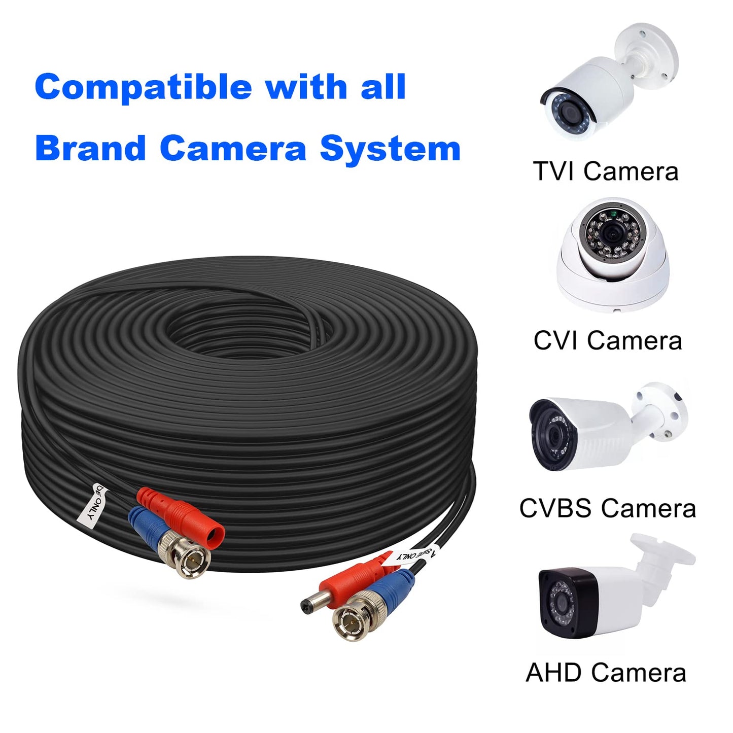 BNC Cable 200ft 2 Pack Aimyzii BNC Video Power Cable,Security Camera Cable for CCTV Camera DVR Security Systems(Included 4X BNC Adapters,50 Pcs Cable