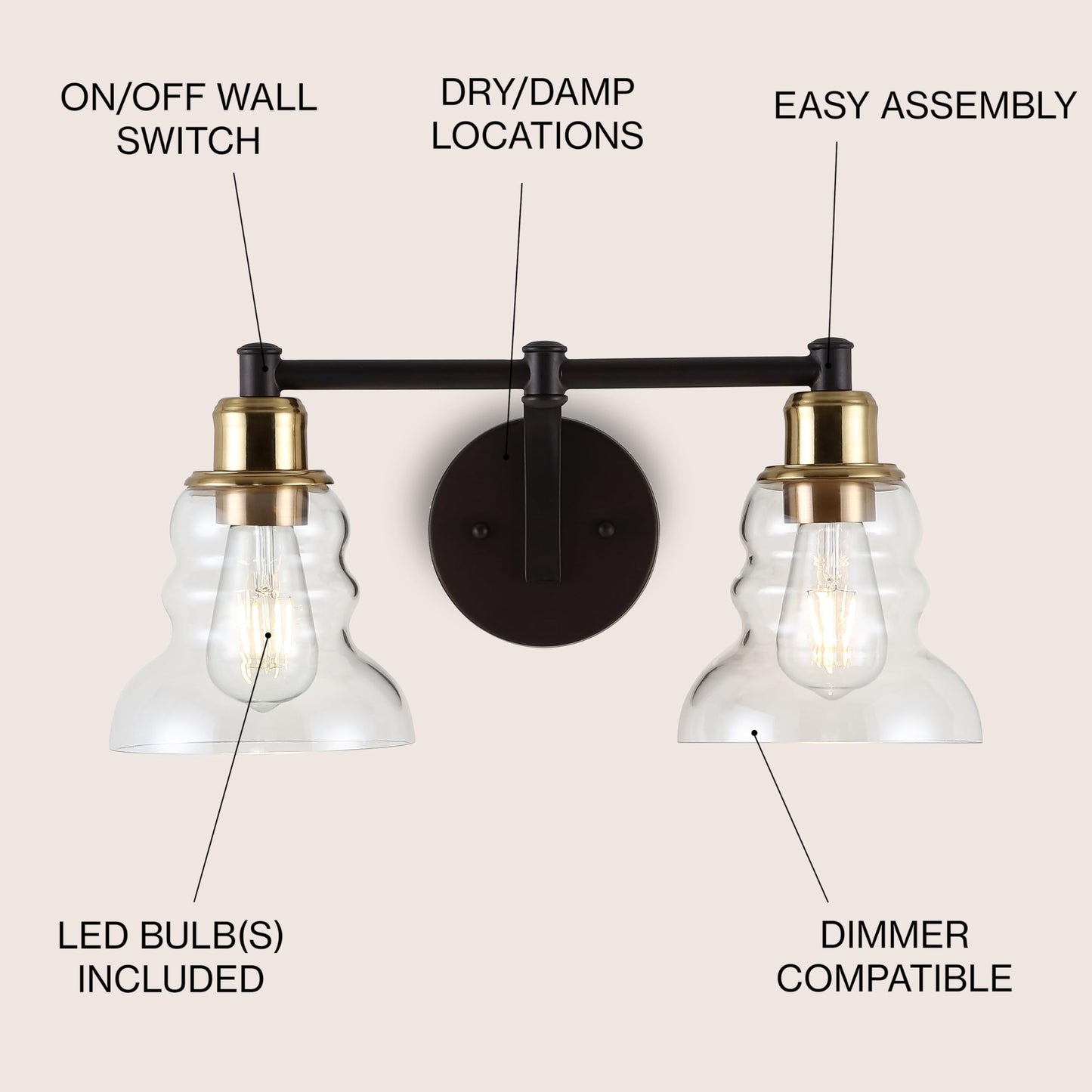 JONATHAN Y 18.5" Brass Gold/Oil Rubbed Bronze Modern Industrial Rustic 2-Light LED Vanity Light with Clear Glass Shade, Vintage Wall Sconce