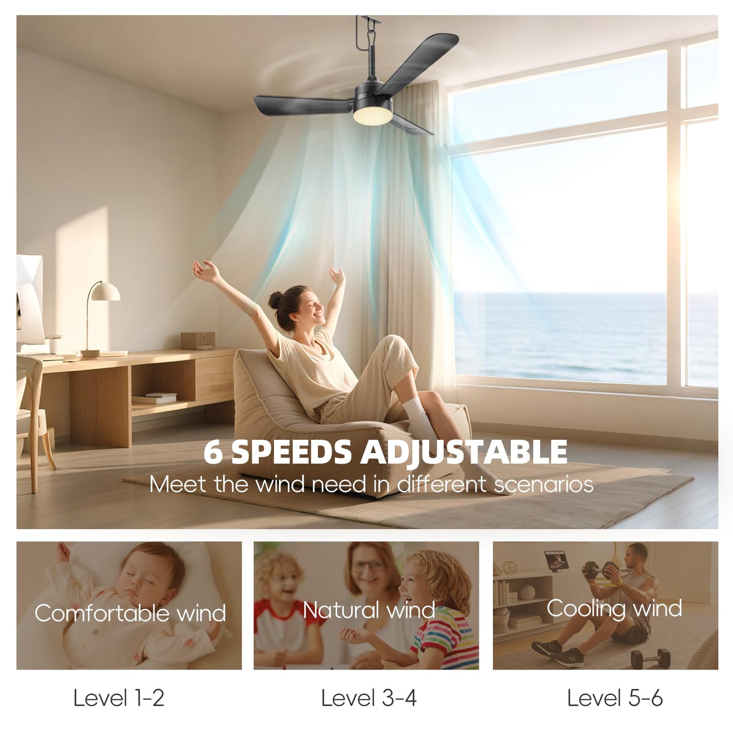 PBLALA Ceiling Fans with Lights,36.5" Plug in Ceiling Fan Light,Gazebo Fan Light,LED Fan Light Hanging with Hook,Hook Type Fan,45W,3000-6500k,Remote