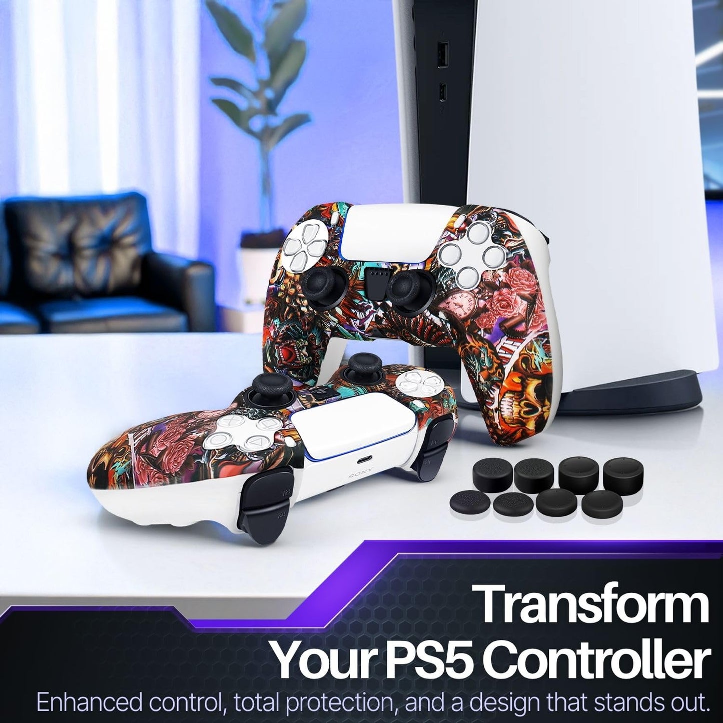 TNP Silicone Case Cover for PS5 Controller - Anti-Slip Silicone Skin Sleeve with 8 Thumb Grips for DualSense Controller - Ergonomic Textured Grip