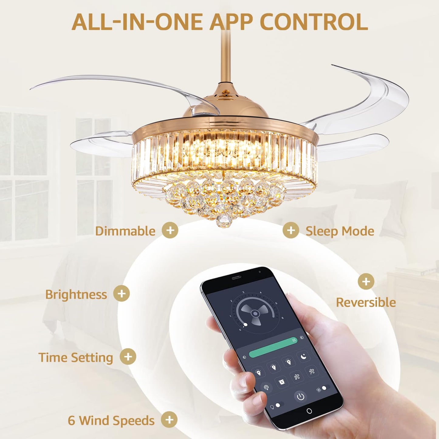 MOOONICHE 48 Inch Crystal Ceiling Fan with Light and Remote Modern Dimmable Fandelier Invisible Retractable Chandelier Fan Gold for Bedroom Living