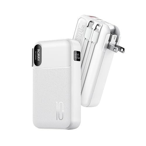 RORRY Portable Charger Built in Cables, AC Wall Plug In Portable Charger Power Bank 10000mAh Travel Battery Pack 22.5W Fast Charging for iPhone