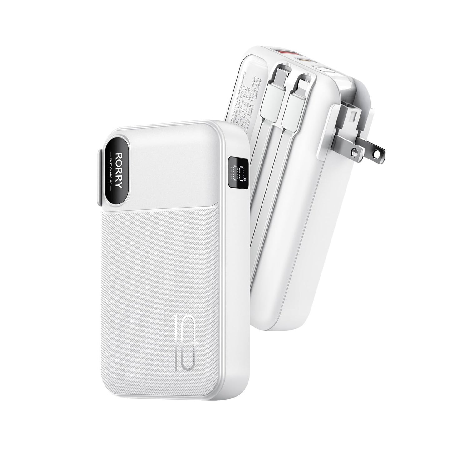 RORRY Portable Charger Built in Cables, AC Wall Plug In Portable Charger Power Bank 10000mAh Travel Battery Pack 22.5W Fast Charging for iPhone
