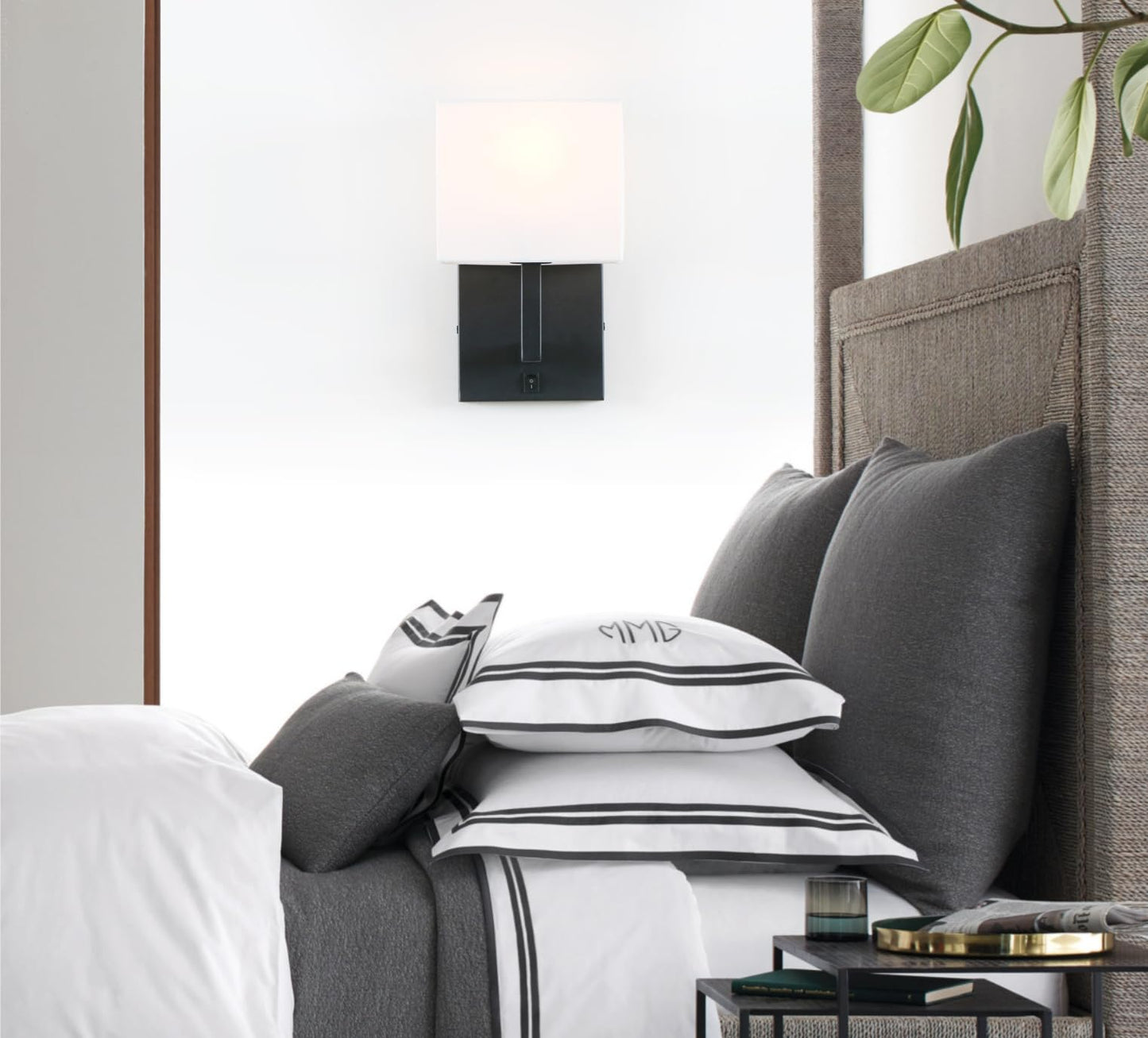 PERMO Single Wall Sconce Black Finish Light Fixture with White Textile Shades and On/Off Switch Button Small Modern Nightstand Lamps for Bedrooms