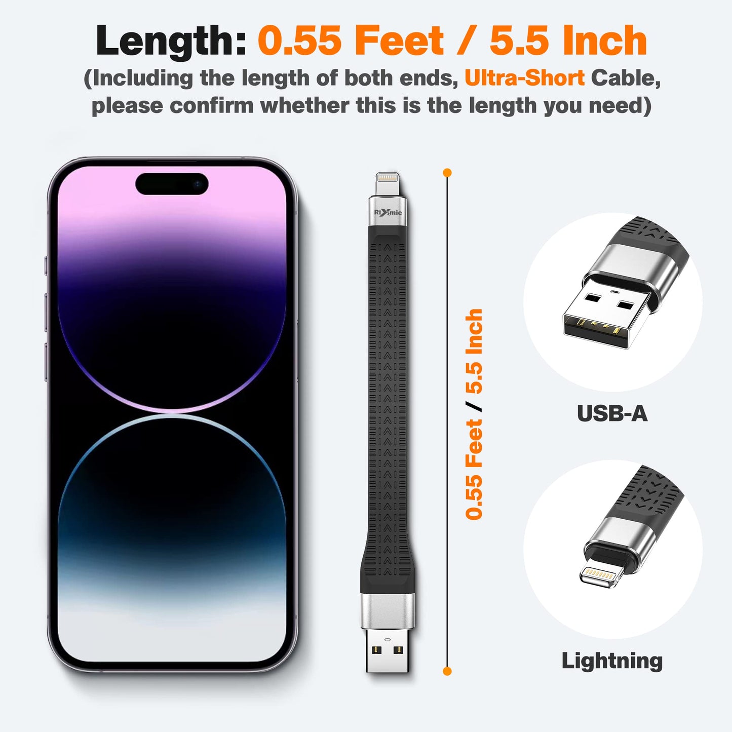 Rixmie Short USB A to Lightning Cable, [MFi Certified-13.5cm] 30W Fast Charging for 14 Pro/14/13/13 Pro/12 Pro Max/12/11/11 Pro/X/XS, AirPods, iPad…