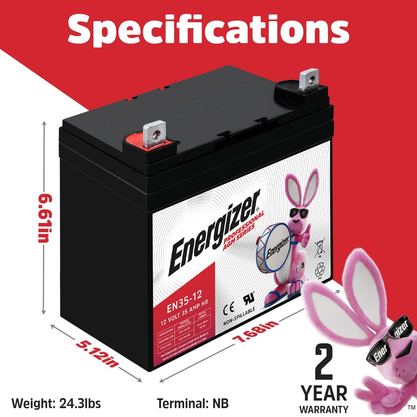 Energizer EN35-12, 12 Volt 35 Amp Hr, Long Lasting Sealed Lead Acid AGM Rechargeable Battery Ideal For Use In Wheelchairs, Electric Scooters, Backup…