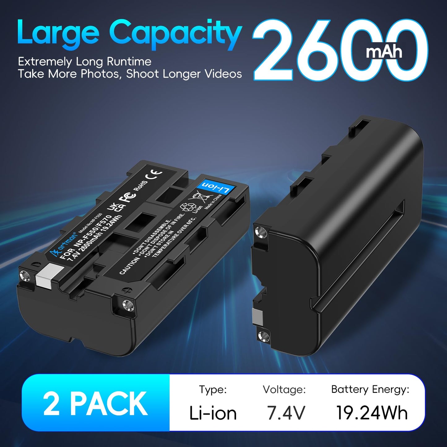 Artman NP-F550 Battery 2-Pack and Wall Charger for Sony NP F550, F530, F970, F960, F770, F750, F330, CCD-SC55, TR516, TR716, TR818, TR910, TR917