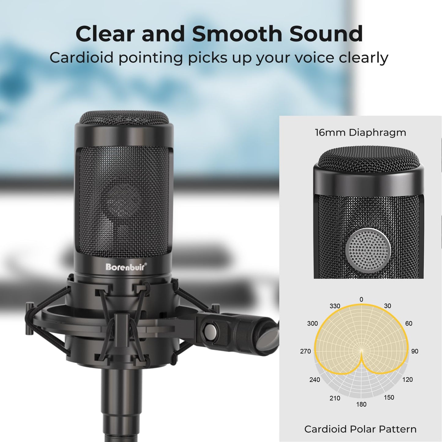 Borenbuir Mic for Asmr, for Audio Interface Cardioid Condenser Microphone XLR, Studio Recording microfono condensador with Shock mounts and Microphone