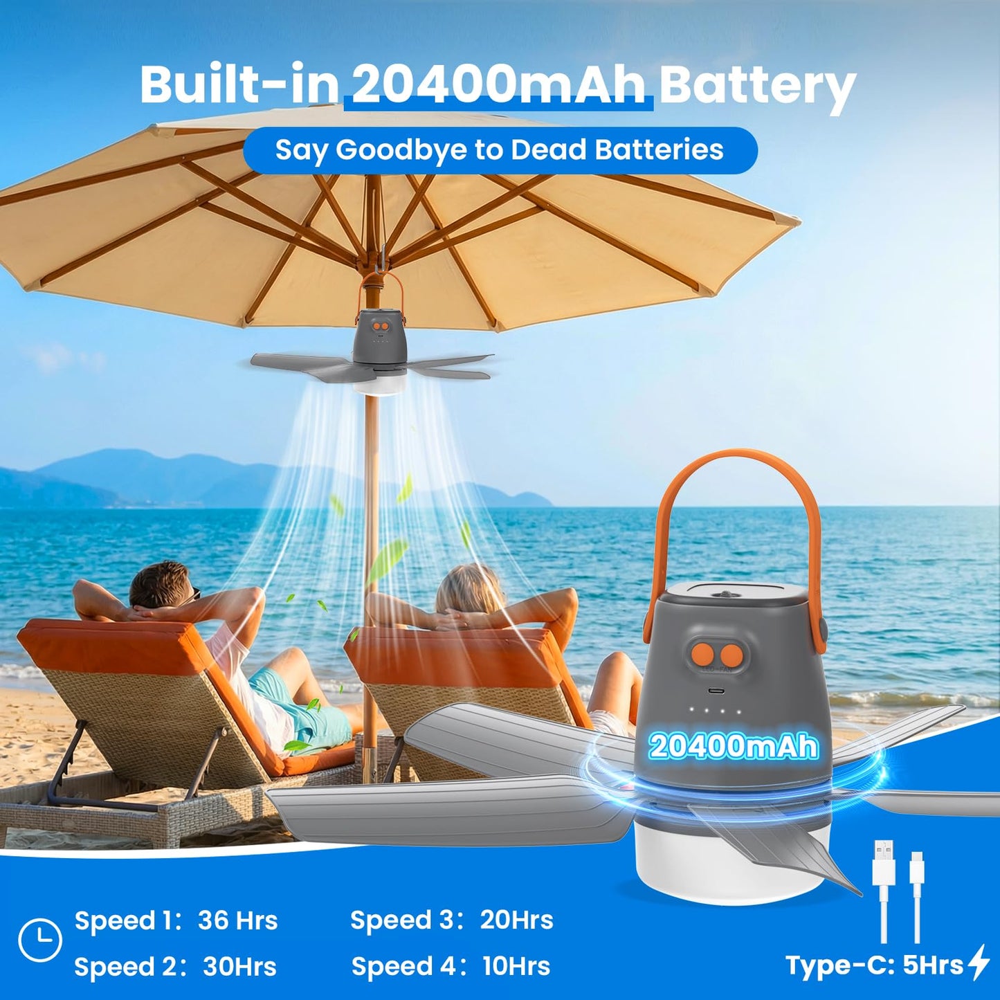 21" Portable Ceiling Fan with Light & Remote,20400mAh Battery Operated Outdoor Ceiling Gazebo Fan for Patios/Canopy/Cruise,Rechargeable Battery