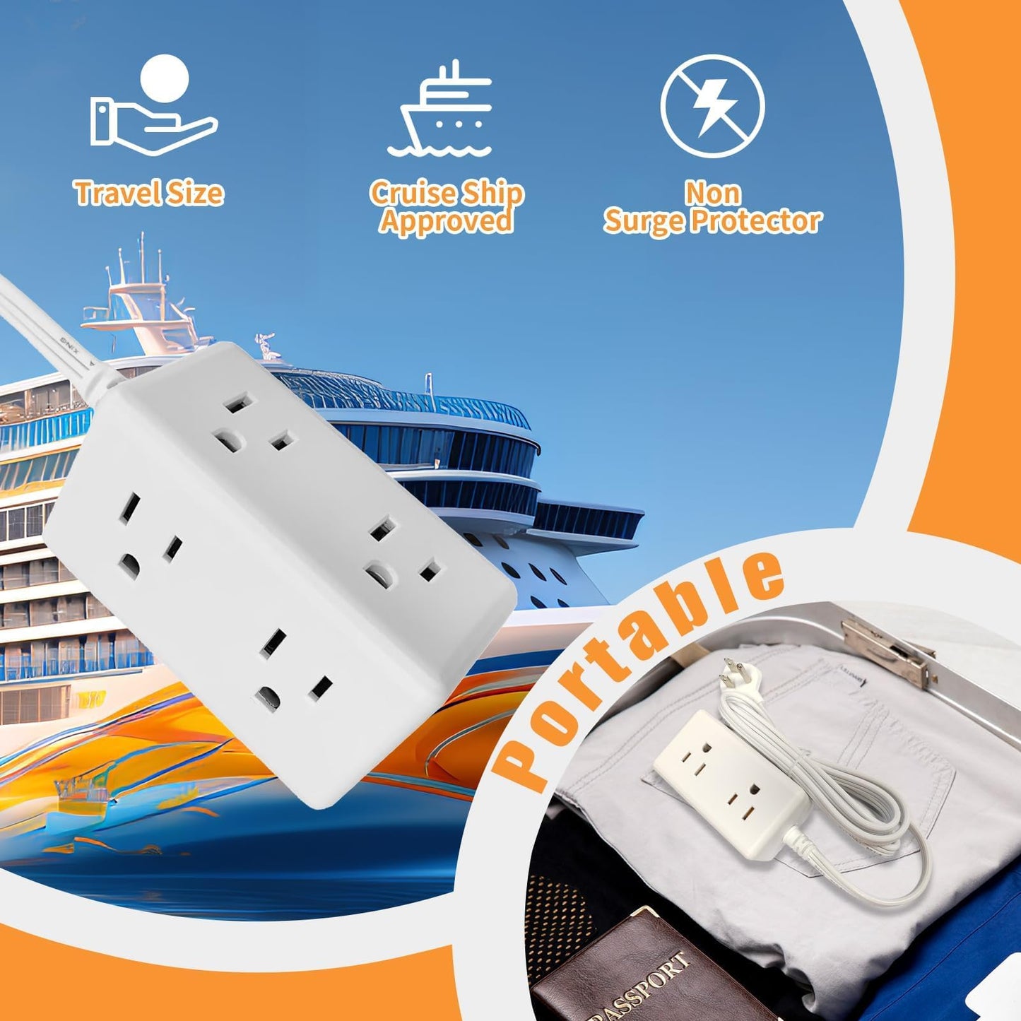 Flat Plug Power Strip 6 Outlet Extender 5FT Extension Cord Three Side Outlet Splitter Wall Mount Power Strip for Home Office Dorm Room (1PCS)