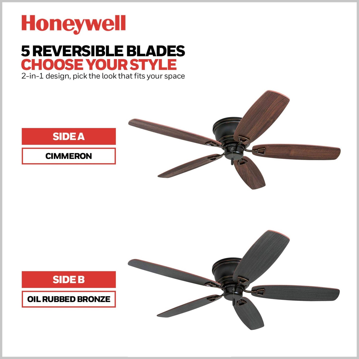 Honeywell Glen Alden 52 Inch Indoor Low Profile Ceiling Fan with Pull Chain Control, Quiet Motor, and 5 Reversible Blades, Oil Rubbed Bronze