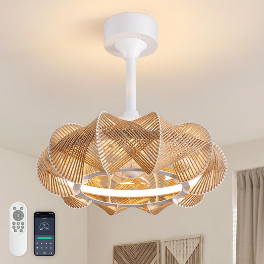 NOXARTE 20 inch Rattan Ceiling Fan with Lights, Dimmable Boho Fandelier, Farmhouse Caged Fan, Chandelier Ceiling Fan with 6 Speeds for Bedroom, Living