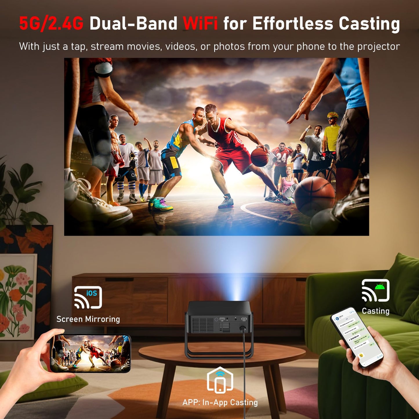 [Ultra-Slim 1.97"| Auto Focus | Built-in Apps | 360° Stand] Smart Mini Projector with WiFi and Bluetooth, Compatible with Netflix, Youtube, Prime