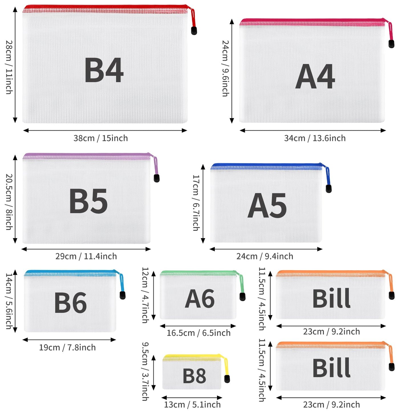 EOOUT 30pcs Mesh Zipper Pouch Bags, 8 Sizes Plastic Bags, 8 Colors Zipper Pouches