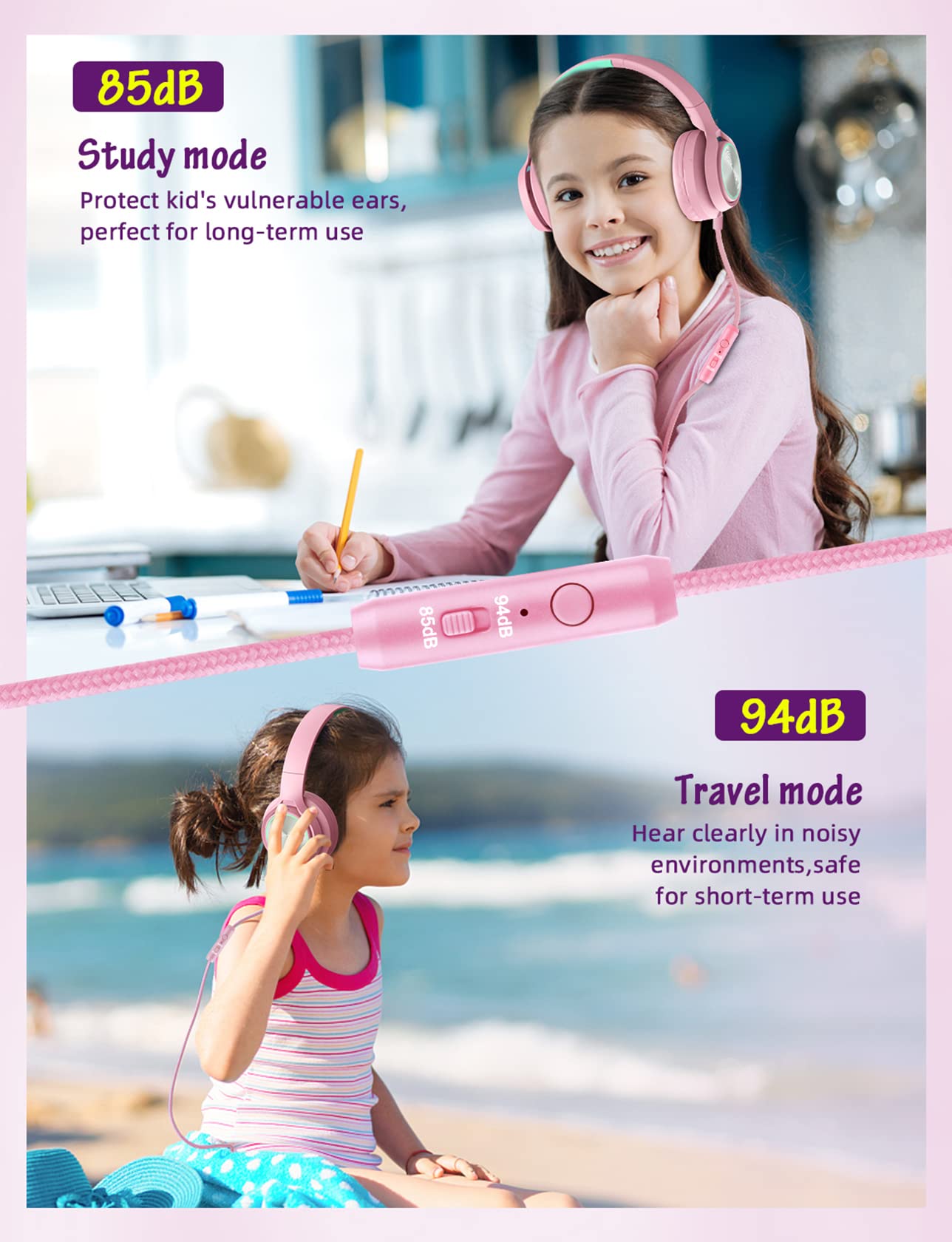 Voopwink Kids Headphones with Microphone, Wired Over Ear Headsets with Limited Volume 85dB/ 94dB for Boys Girls Teens Children Online…