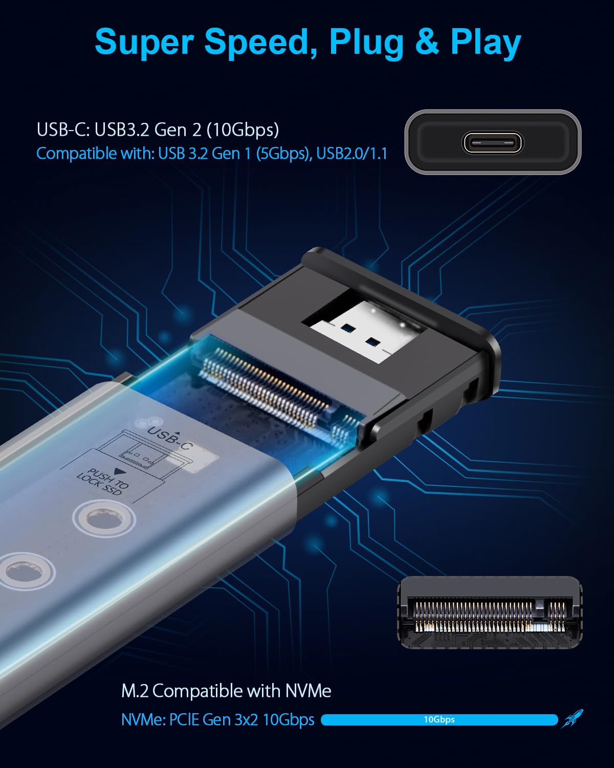 TWOPAN Aluminum M.2 NVMe SSD Enclosure, Tool-Free USB-C 3.2 Gen2 (10Gbps ) Portable External SSD Case for 2230/2242/2260/2280 M-Key/B+M Key Drives