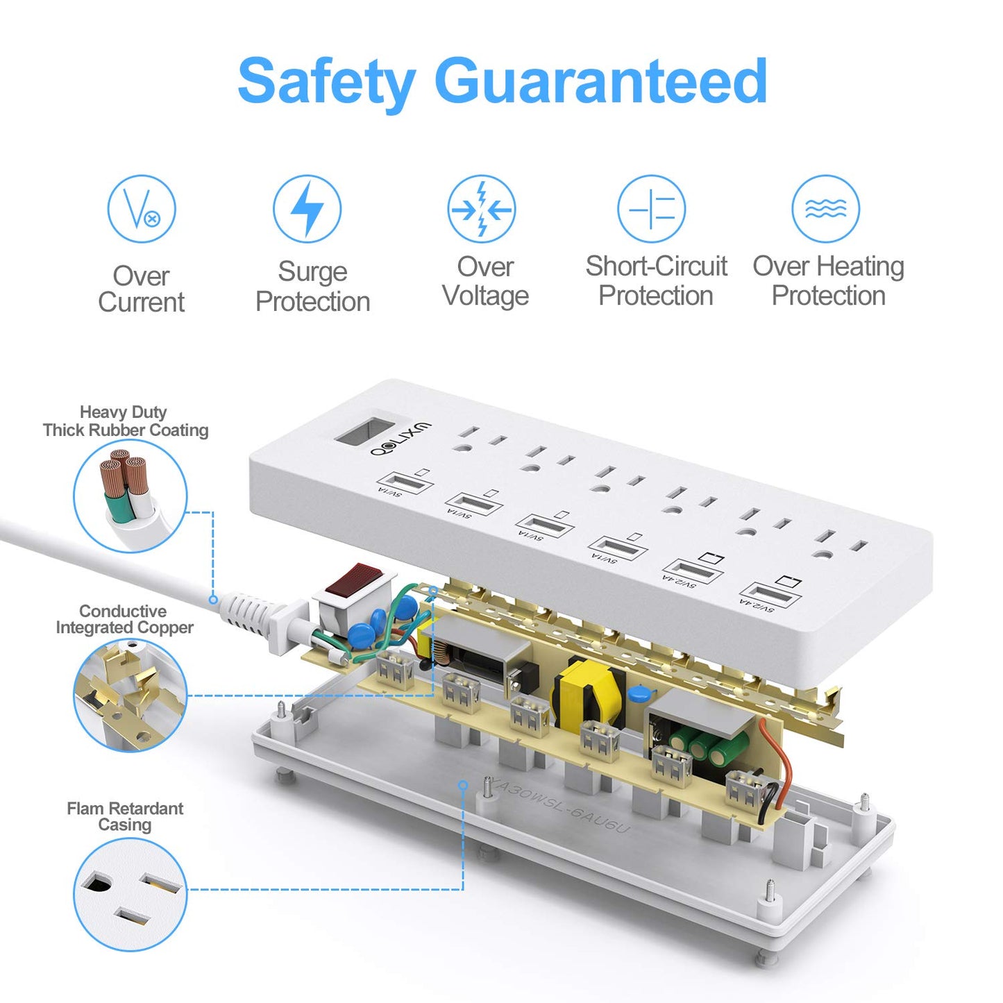 Power Strip Surge Protector with USB Ports Flat Plug with Overload Surge Protection (White)