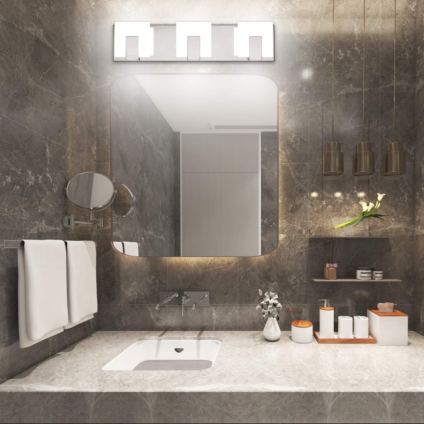 Aipsun 3 Lights Modern LED Vanity Light for Bathroom Frosted White Acrylic Chrome Up and Down Bathroom Wall Light Fixtures Over Mirror(White Light