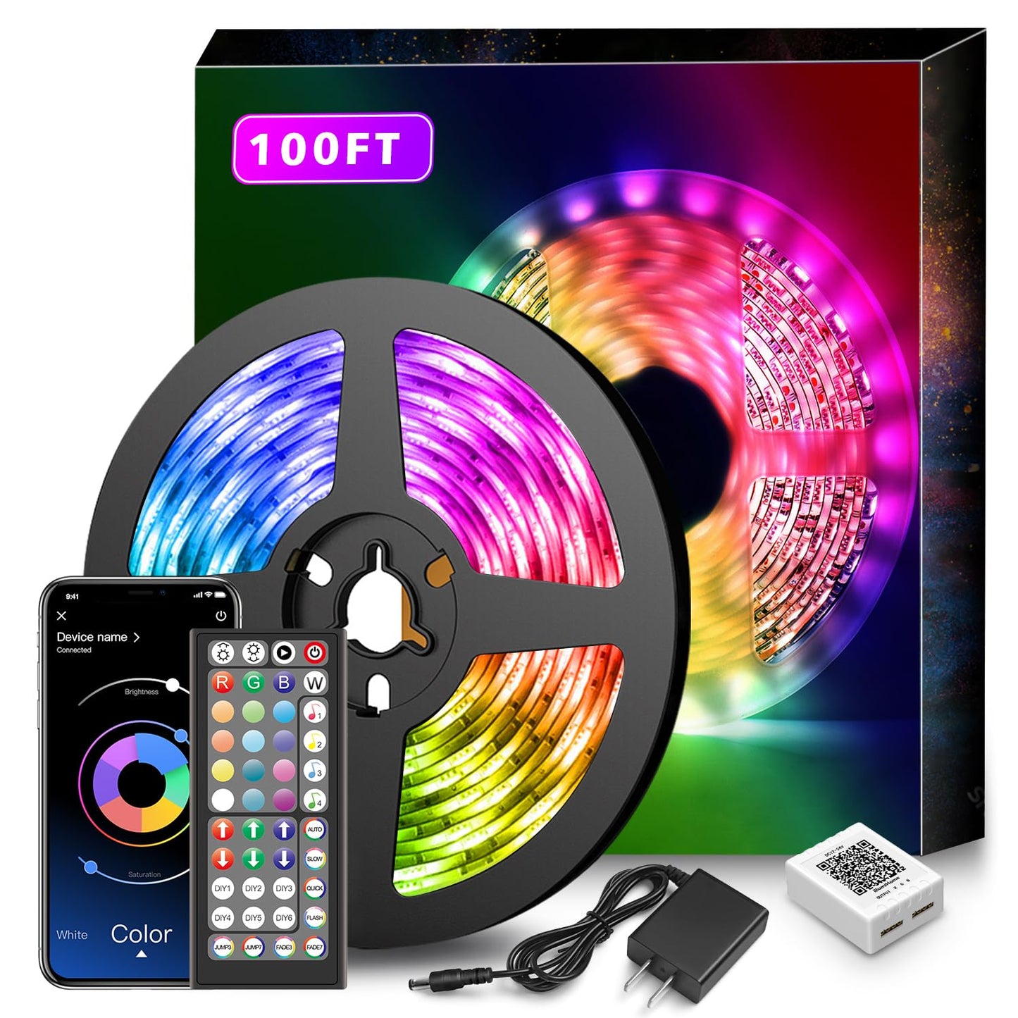 Nexillumi Led Lights for Bedroom 100ft Music Sync Color Changing Led Strip Lights Smart with Remote and App Control Built-in Mic for Party Home Room