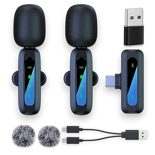 2-Pack Wireless Mini Microphone for iPhone 15,16,17, Lavalier Microphone for Video Recording, 2 In 1 Noise Reduction Lapel Mic For Android, Ipad, PC