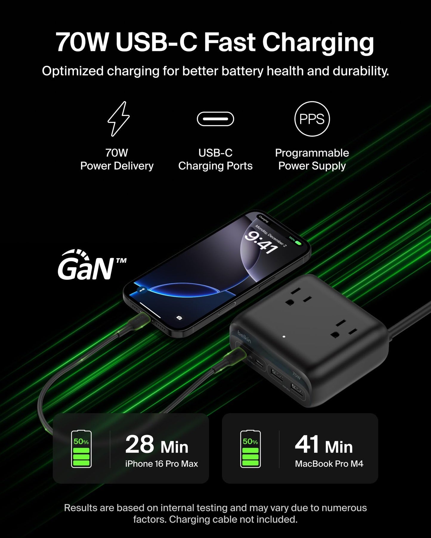 Belkin GaN Charging Station 70W, 7-in-1 Dual USB C Charger w/ 3x AC Outlets, 2x USB A Ports, Power Strip, iPhone Charger Fast Charging, Apple Watch