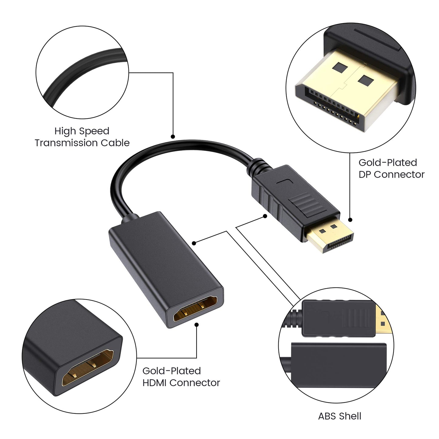 Cableader DP to HDMI Adapter 4K 30HZ Gold-Plated displayport Male to HDMI Female Converter with Audio-Black