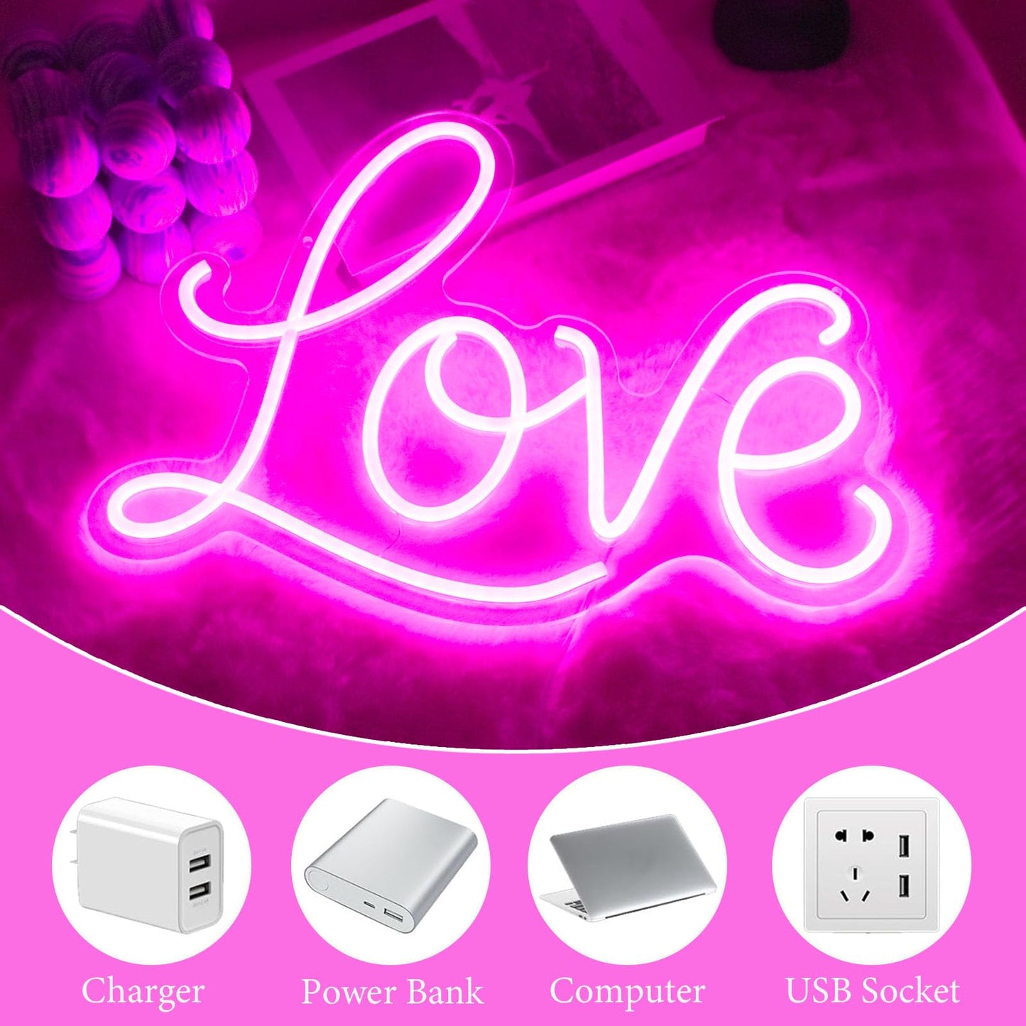 YUEYYNS Love Neon Sign Pink Neon Light Love Led Wall Signs USB Powered Light Signs for Girl Bedroom Christmas Valentine's Day Mother's Day Wedding