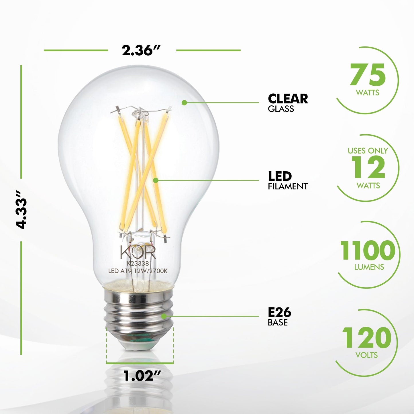 KOR LED A19 Filament Bulbs, 4 Pack, 75 Watt Equivalent, 2700K Warm White, Edison Vintage Dimmable Energy Efficient 12W, E26 Medium Base, 1100 Lumens