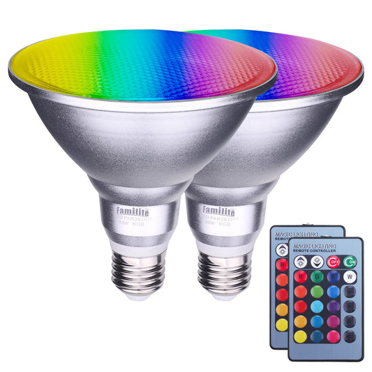 Familite PAR38 LED Floodlight Bulb, 30W Color Changing Light Bulb, Remote Controlled RGB Landscape Light, Dimmable E27 Based Waterproof Lawn Lamp