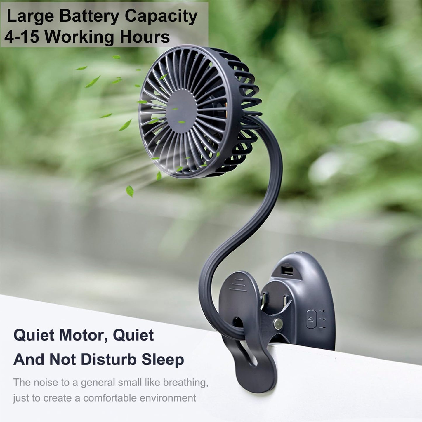 Glovion Clip On USB Mini Desk Fan with Emergency Power Bank, Battery Operated Rechargeable Portable Fan - Flexible Neck, 3 Speed Personal Cooling