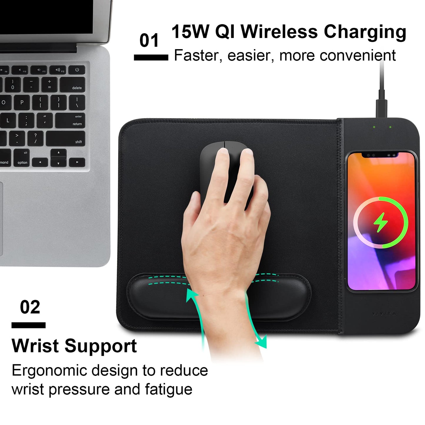 15W Wireless Charging Mouse Pad with Wrist Support, Fast Qi Wireless Charger Mouse Mat for iPhone 17/16/15/14/13/12/12 Pro/11/11Pro/XR/Xs/X, Samsung