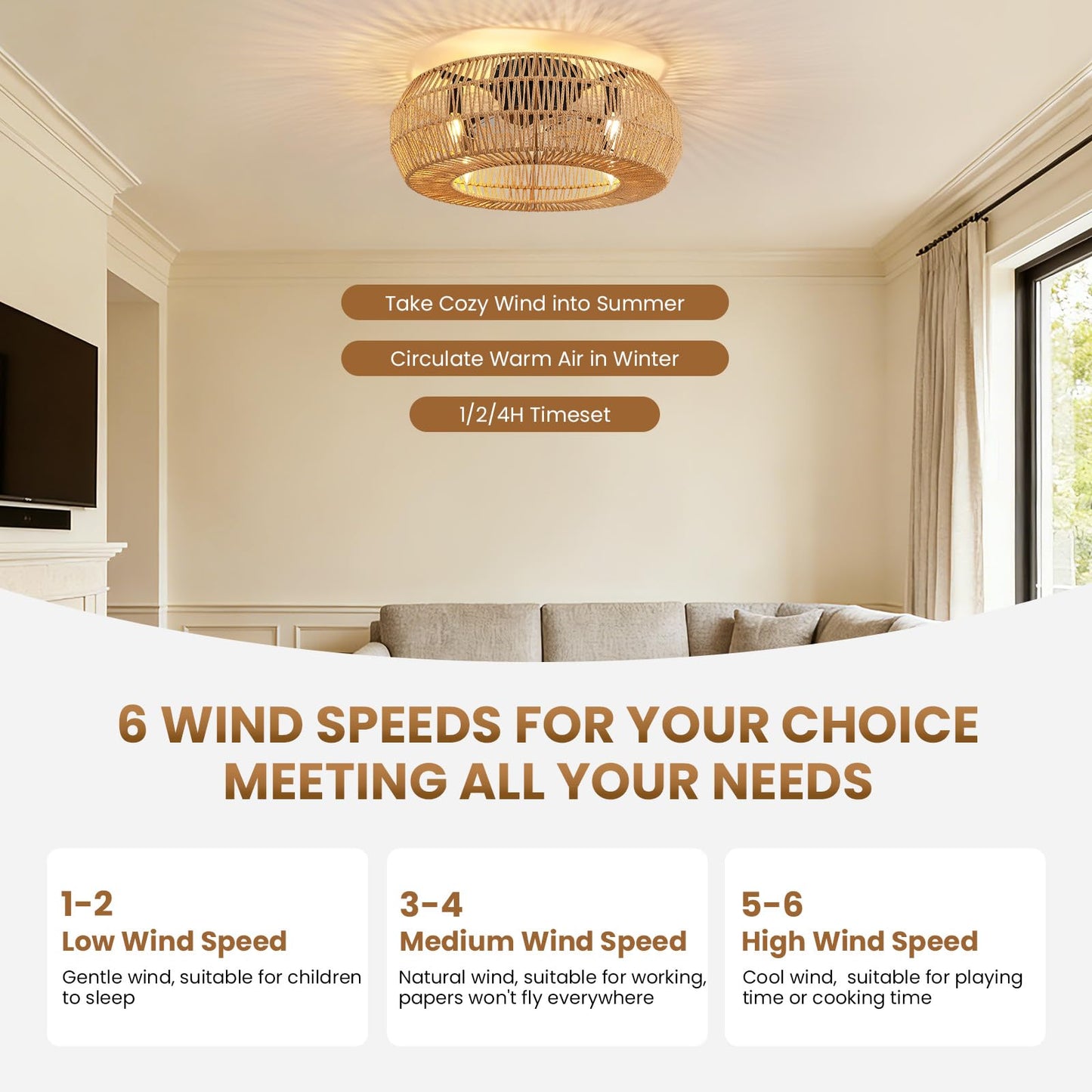 APBEAMLighting 24 Inch Boho Rattan Cage Ceiling Fan with Light Low Profile