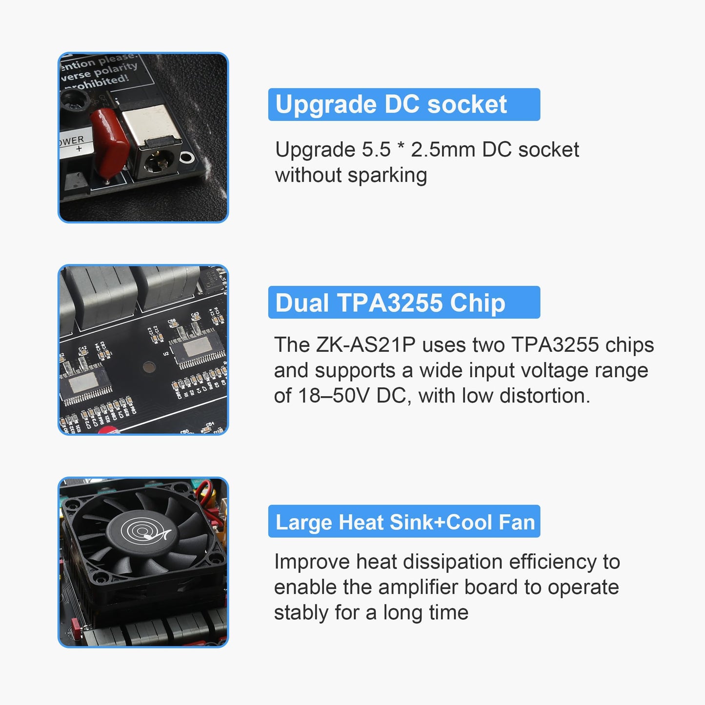 Wuzhi Audio ZK-AS21P Bluetooth Amplifier Board - 300W+300W+600W Output, 18-50V DC Wide Voltage Input, Vehicle Amplifier (External Potentiator)