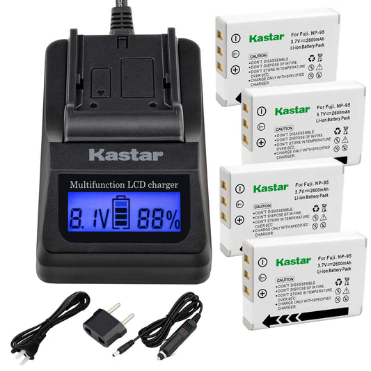 Kastar Fast Charger + Battery (4-Pack) for Fujifilm NP-95 & Finepix F30, Finepix F31FD, Finepix Real 3D W1, Finepix X30, Finepix X100, Finepix X100T