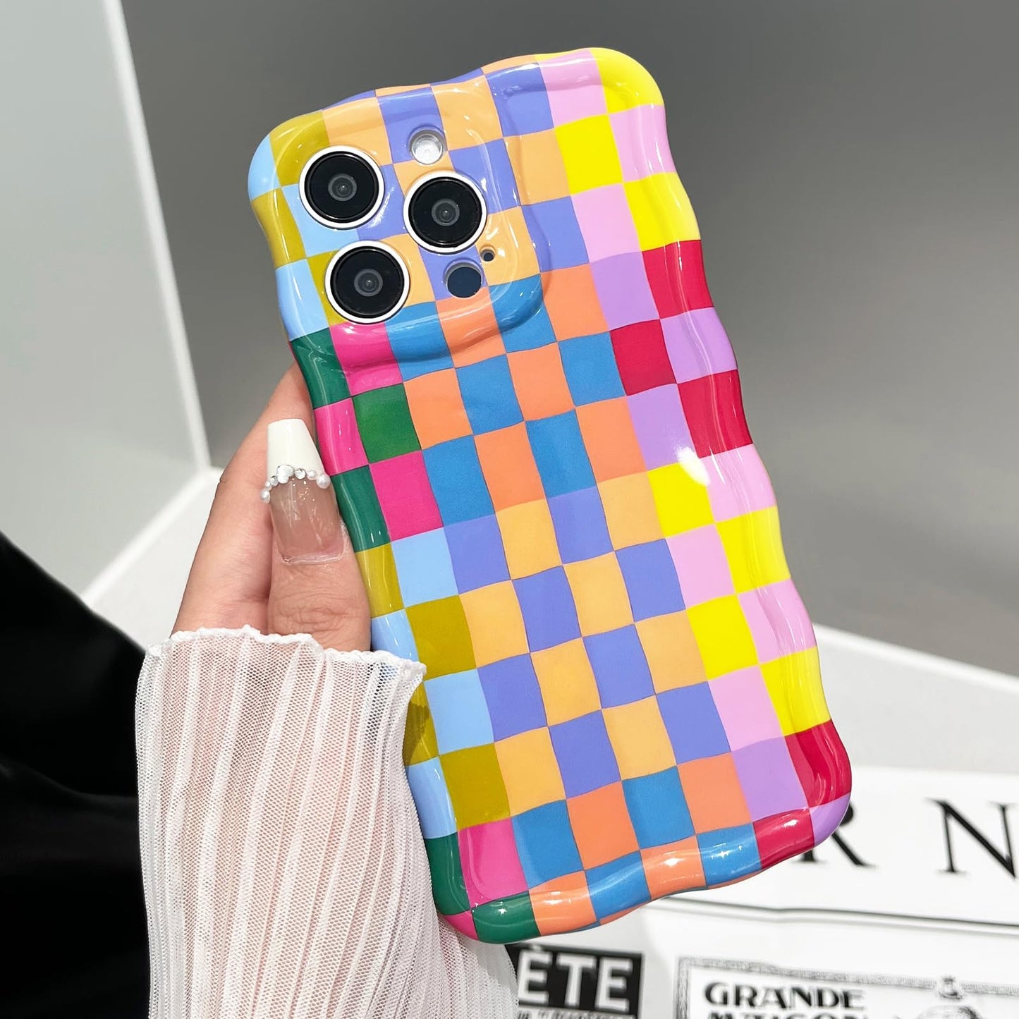 branple Compatible with iPhone 13 Case, Cute Wave Curly Colorful Checkerboard Plaid Phone Case for Women/Men, Soft TPU Shockproof Protection Case