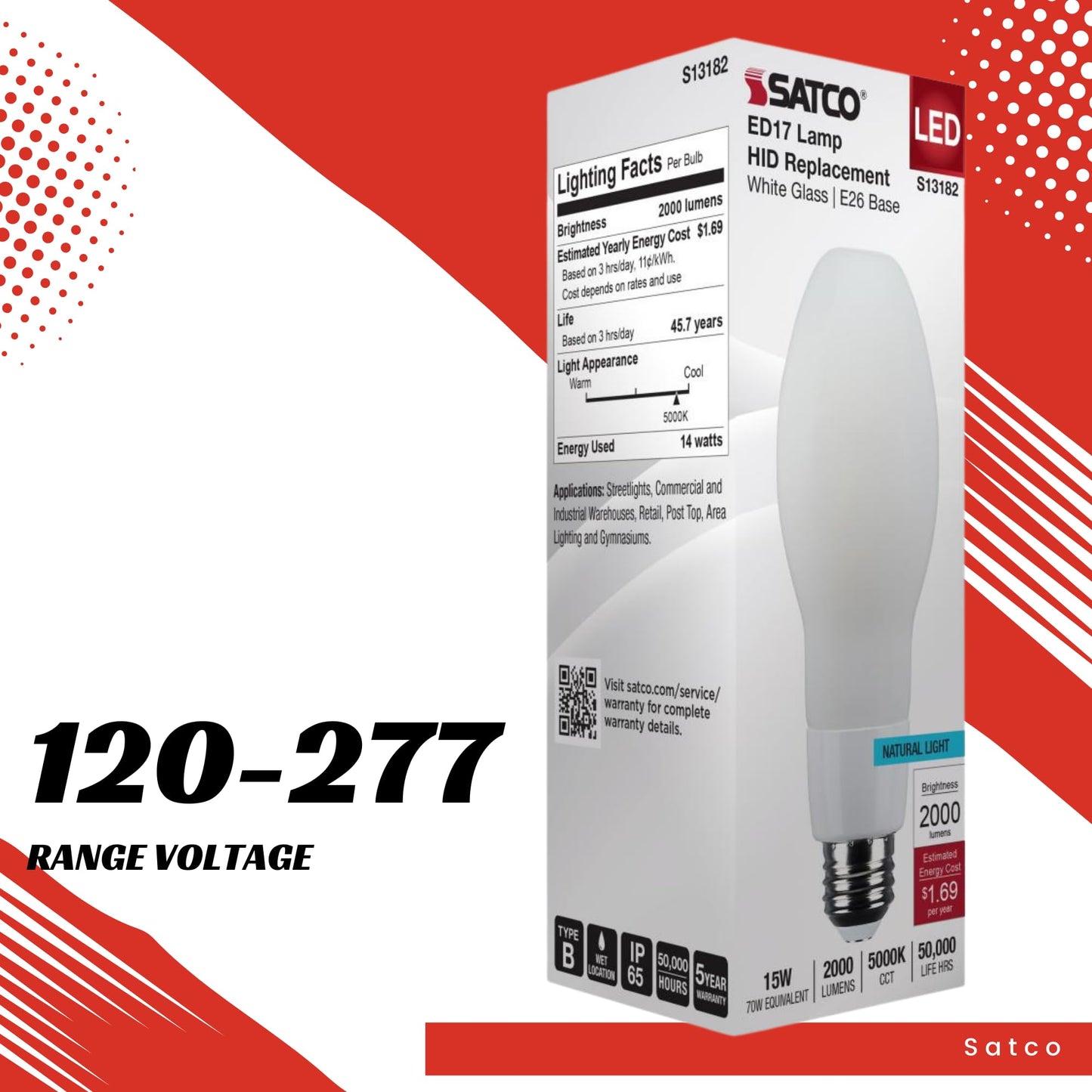 Satco 15W LED HID Replacement ED17 Bulb, 5000K Daylight, E26 Medium Base, 2000 Lumens, Ballast Bypass, Enclosed Fixture Rated, IP65 Wet Location