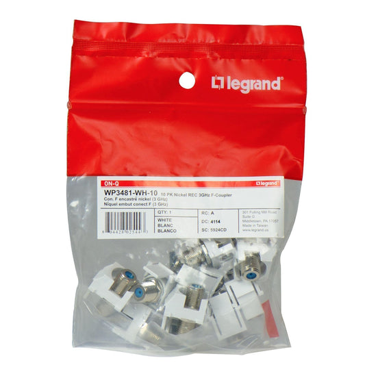Legrand - OnQ F Keystone Connector, Recessed Keystone Coax Insert, Nickel-Plated 1GHz Keystone F-81 Coupler, Keystone Insert, White, 10 Count